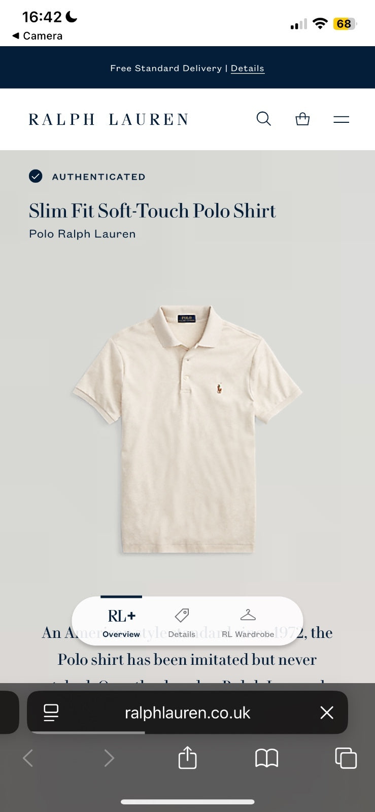 Ralph Lauren Cream Polo Shirt | Men’s Slim Fit L / 3601