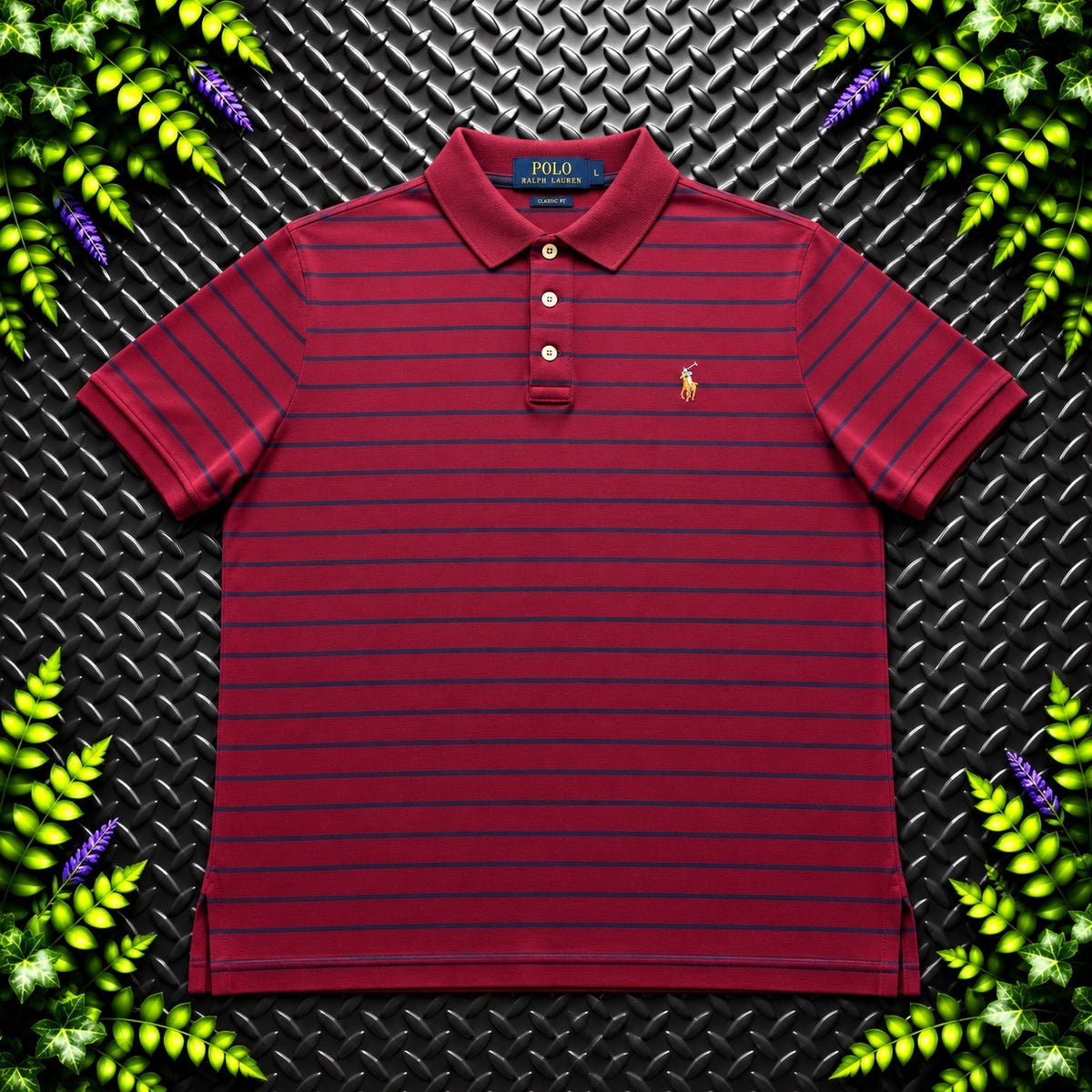 Ralph Lauren Burgundy Striped Polo Shirt | Men’s Slim Fit L / 3844