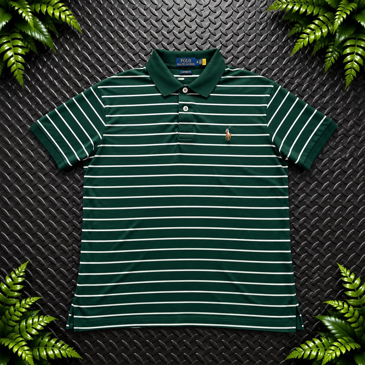 Ralph Lauren Green Striped Polo Shirt | Men’s Custom Slim Fit XL / 3704