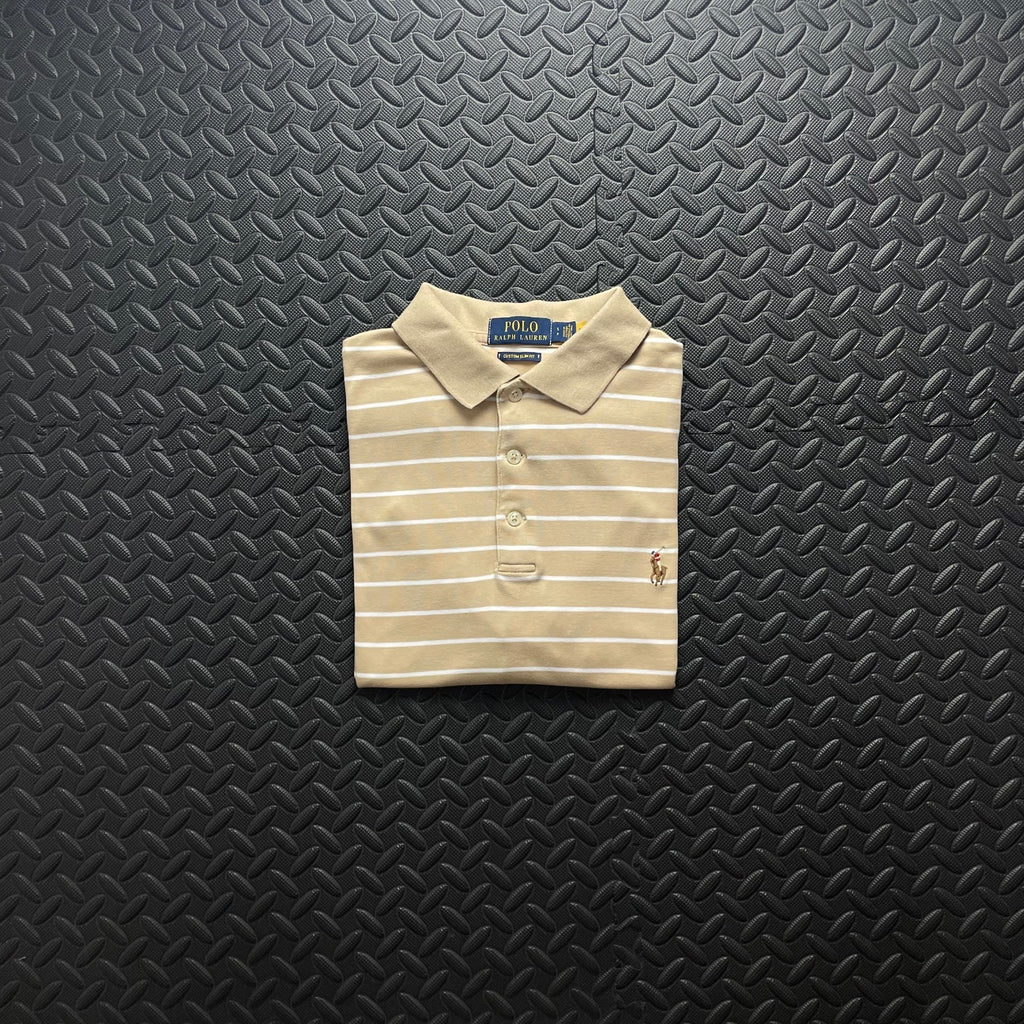 Ralph Lauren Beige Striped Polo Shirt | Men’s Custom Slim Fit S / 3651