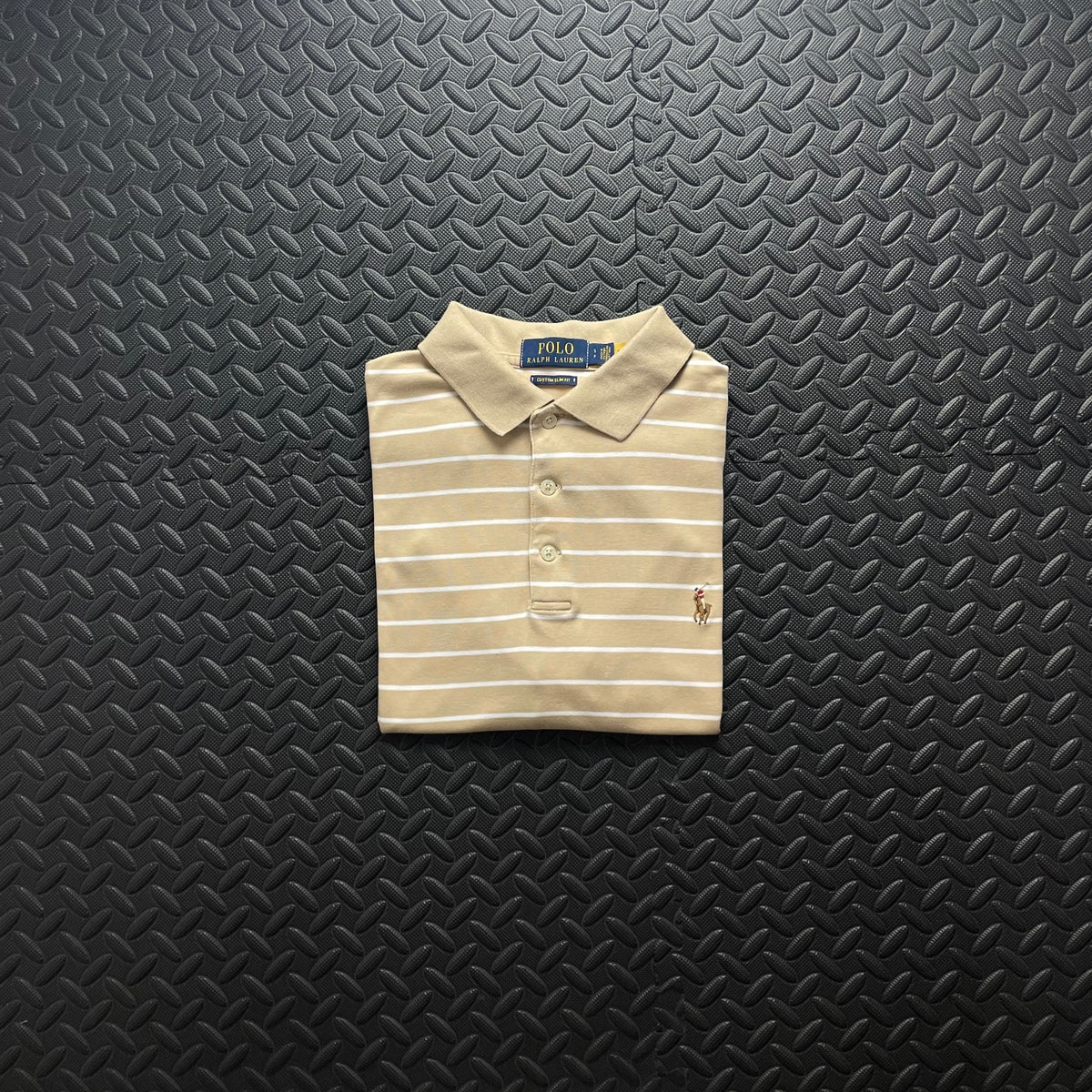 Ralph Lauren Beige Striped Polo Shirt | Men’s Custom Slim Fit S / 3651
