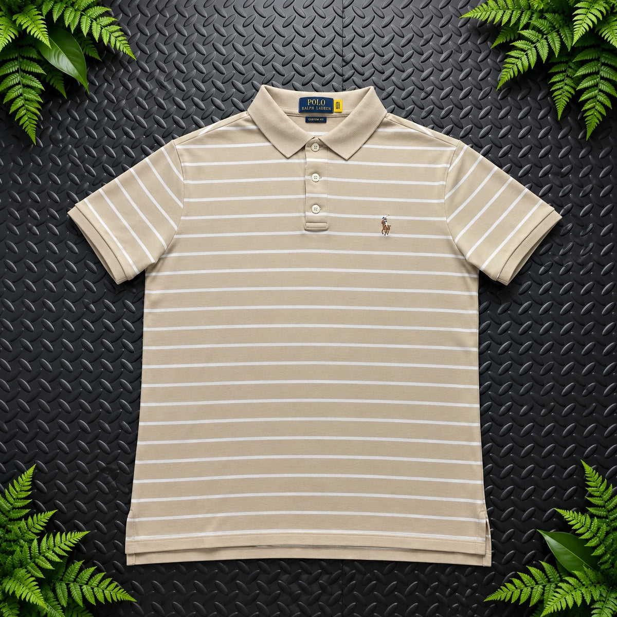 Ralph Lauren Beige Striped Polo Shirt | Men’s Custom Slim Fit S / 3651