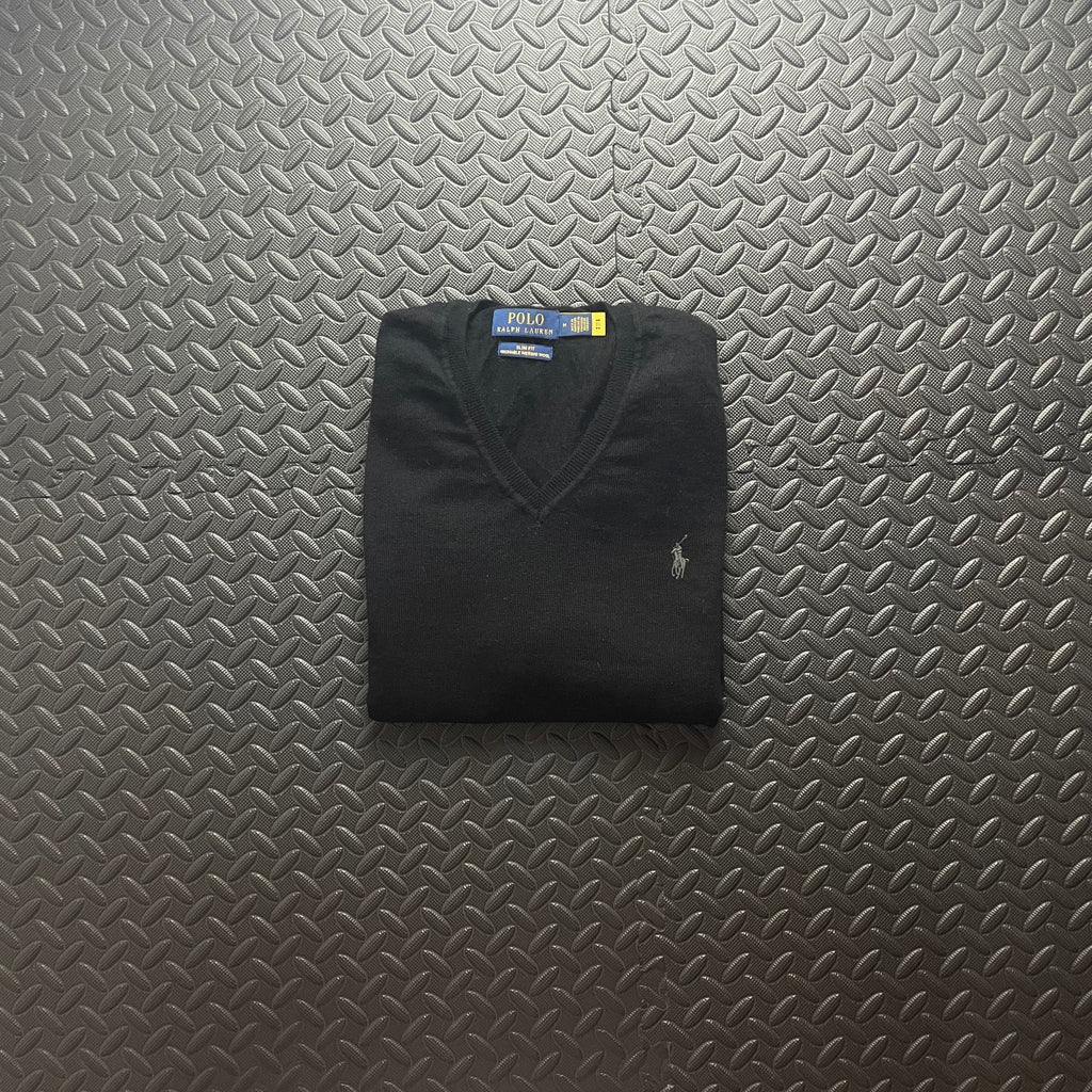 Ralph Lauren Black V-Neck Jumper / Merino Wool | Men’s Slim Fit M / 3675