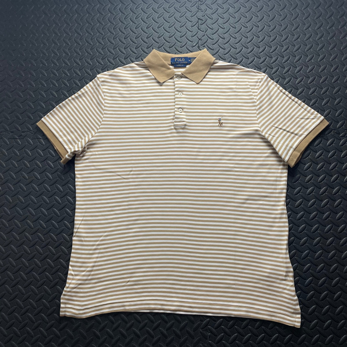 Ralph Lauren Beige Striped Polo Shirt | Men’s Classic Fit M / 3756