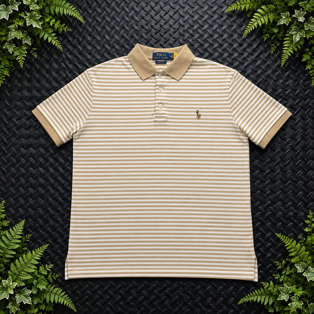 Ralph Lauren Beige Striped Polo Shirt | Men’s Classic Fit M / 3756