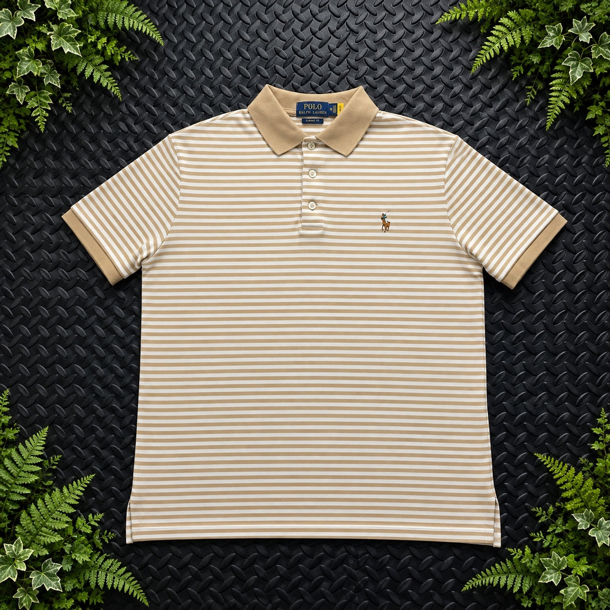 Ralph Lauren Beige Striped Polo Shirt | Men’s Classic Fit M / 3756
