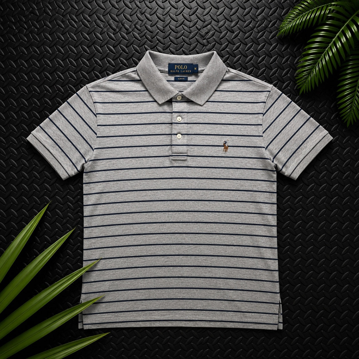 Ralph Lauren Grey Striped Polo Shirt | Men’s Slim Fit M / 3430