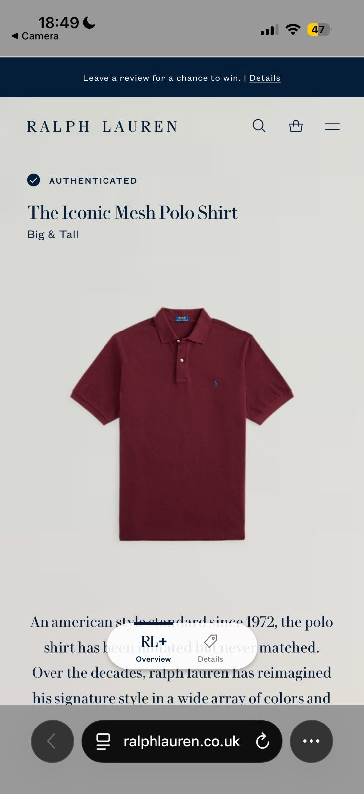 Ralph Lauren Burgundy Polo Shirt | Men’s Classic Fit XXL / 3822