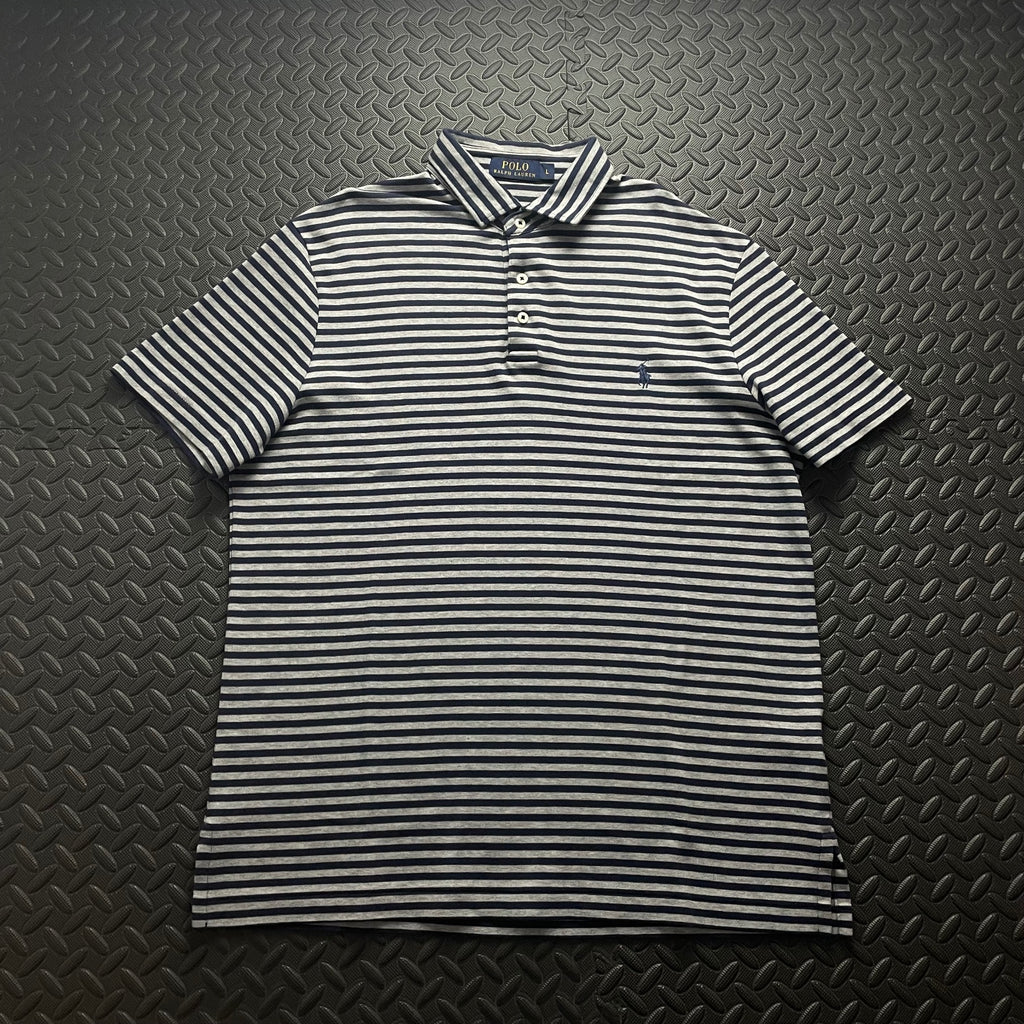Ralph Lauren Grey Navy Striped Polo Shirt | Men’s Classic Fit L