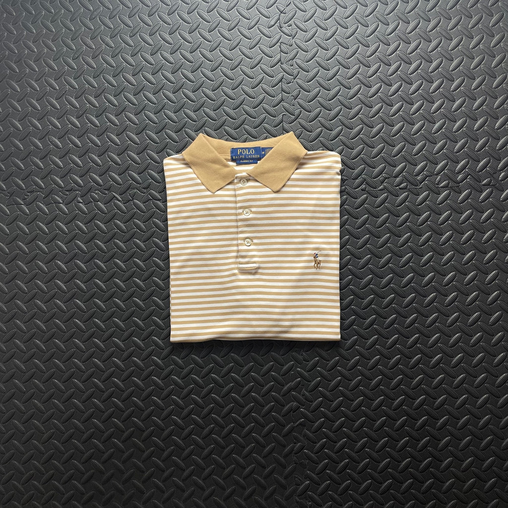 Ralph Lauren Beige Striped Polo Shirt | Men’s Classic Fit M / 3756
