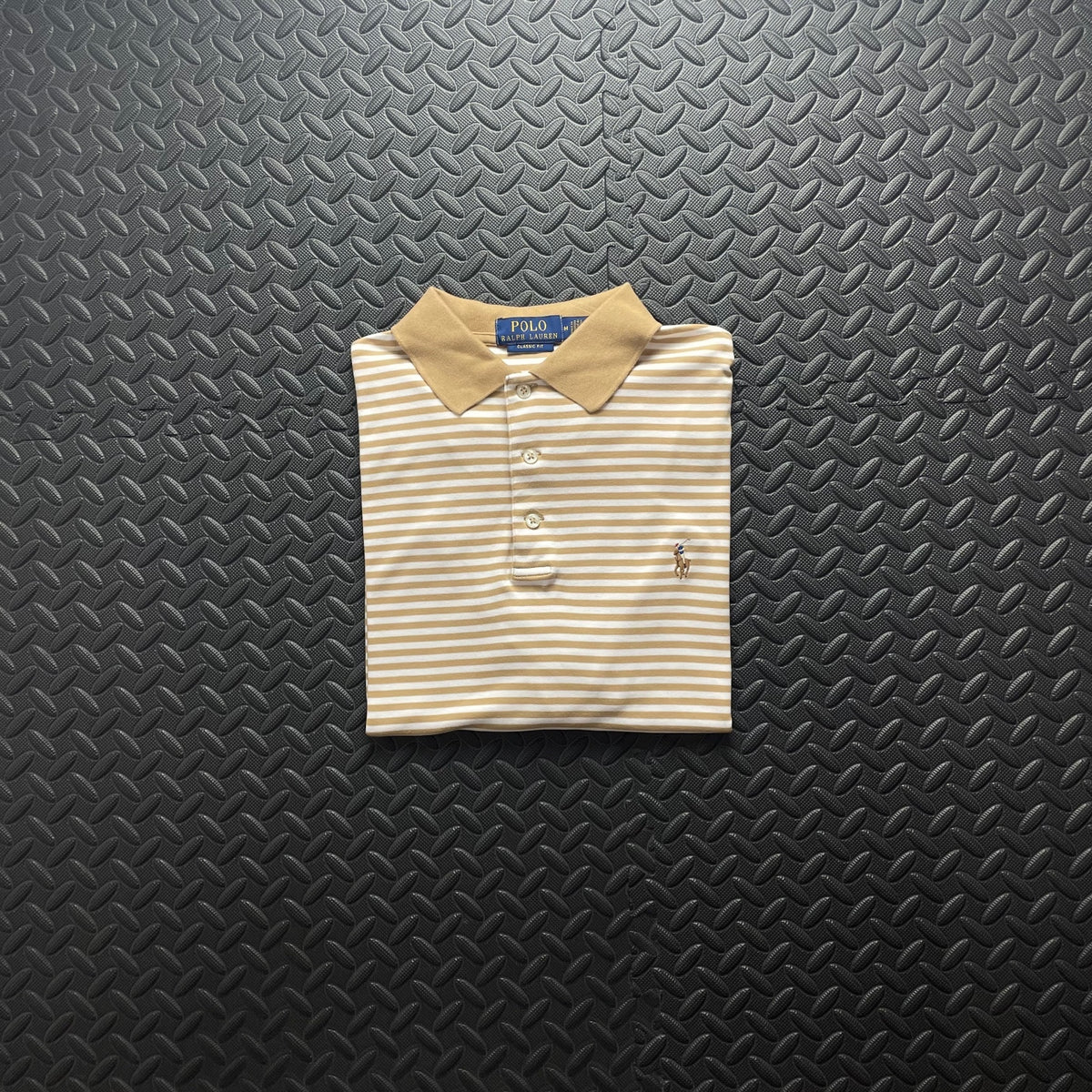 Ralph Lauren Beige Striped Polo Shirt | Men’s Classic Fit M / 3756