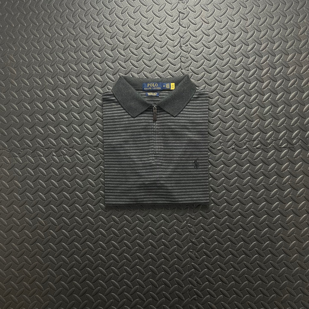 Ralph Lauren Grey Striped 1/4 Zip Polo Shirt | Men’s Custom Slim Fit M / 3698