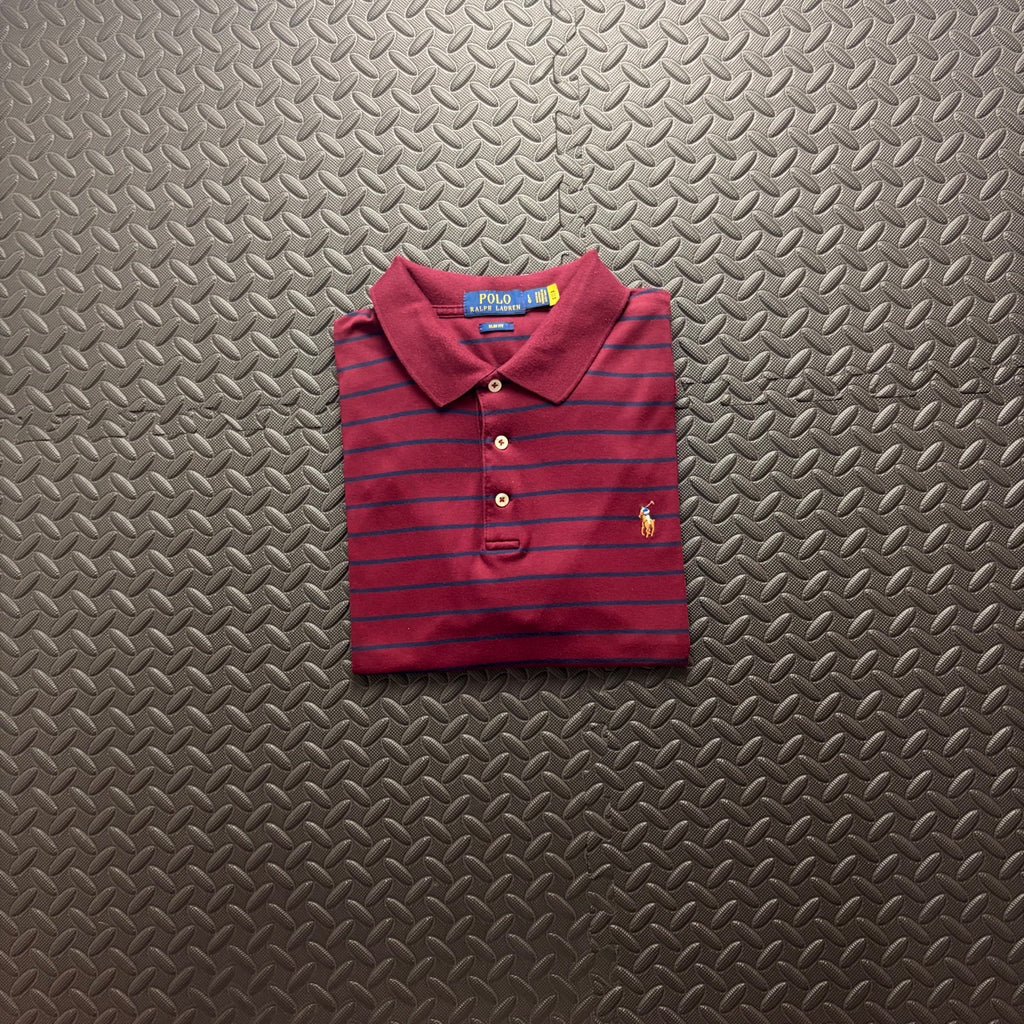 Ralph Lauren Burgundy Striped Polo Shirt | Men’s Slim Fit L / 3844