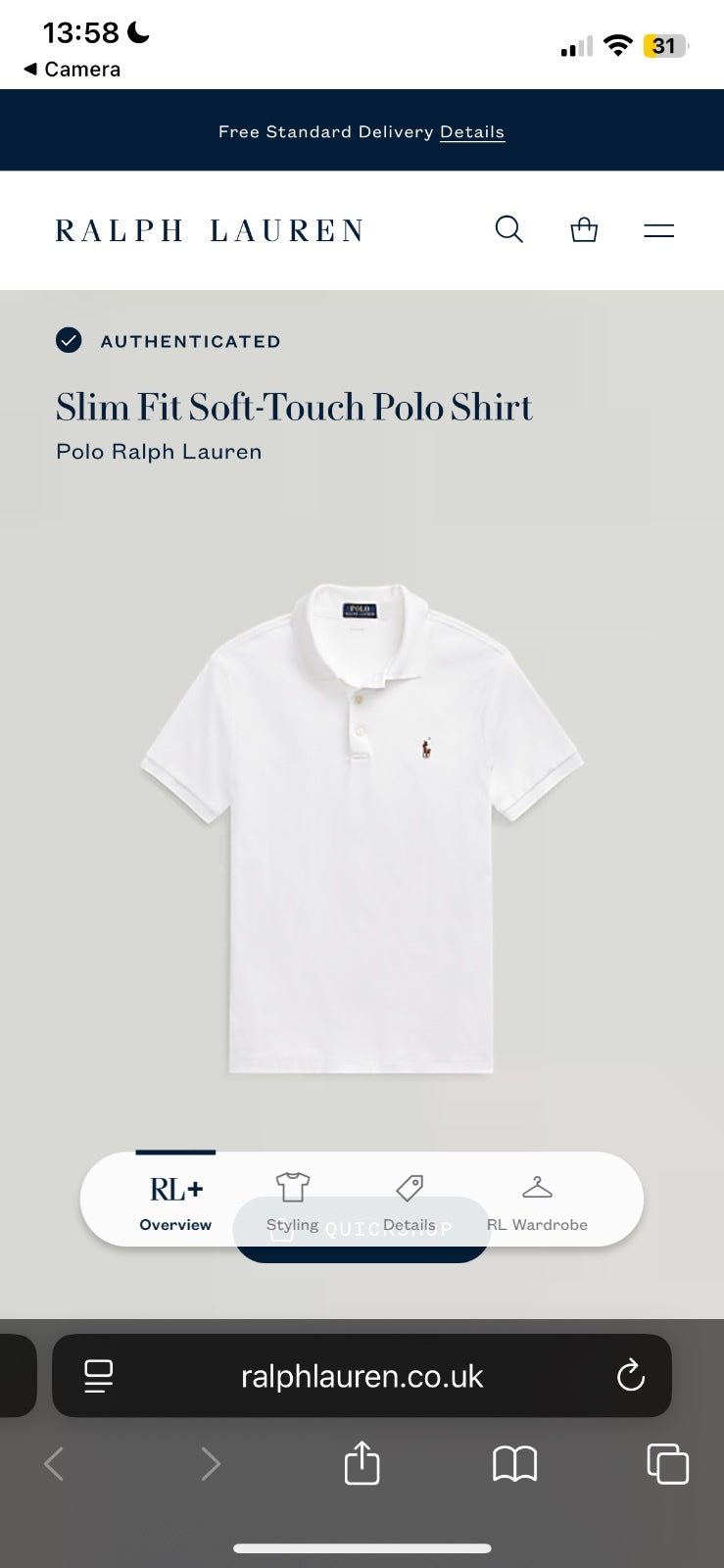 Ralph Lauren White Polo Shirt | Men’s Slim Fit M / 3710