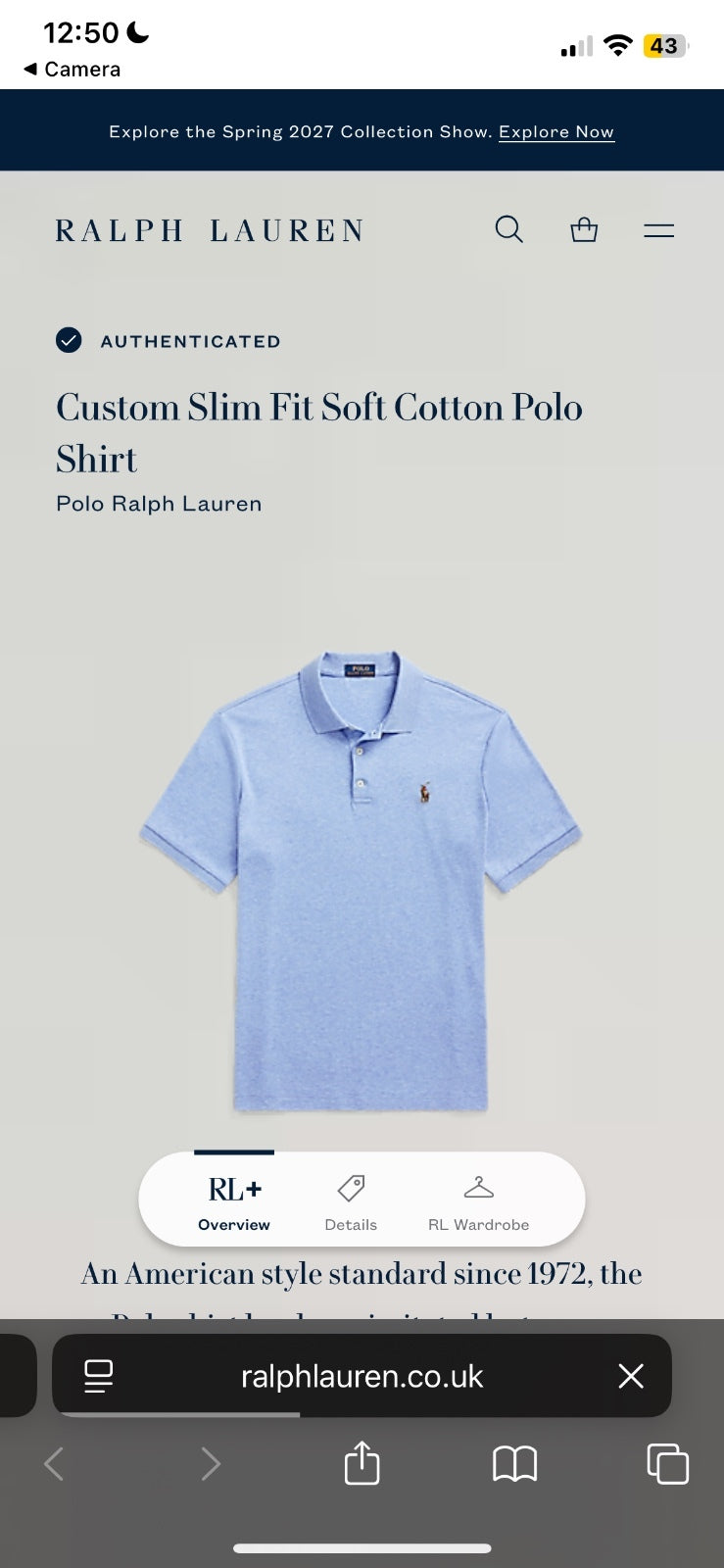Ralph Lauren Light Blue Polo Shirt | Men’s Custom Slim Fit L / 3637