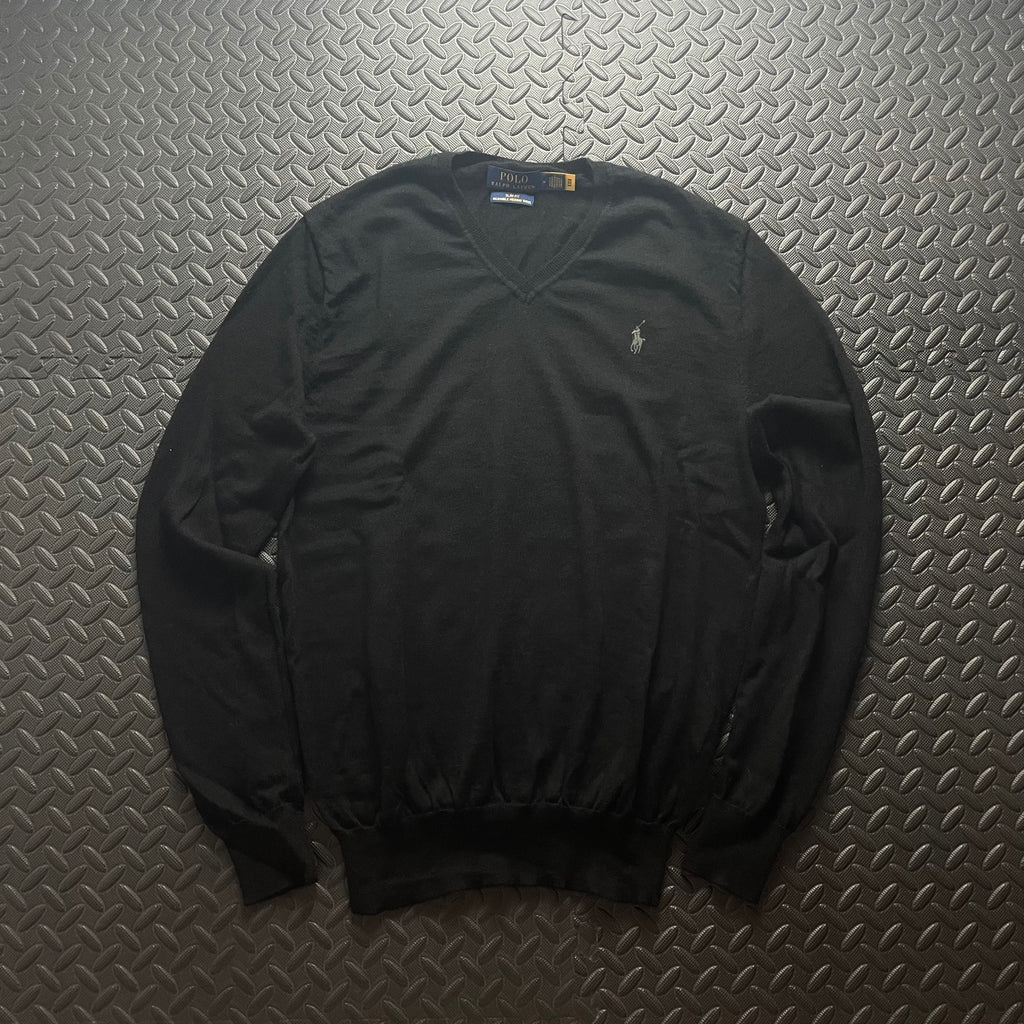 Ralph Lauren Black V-Neck Jumper / Merino Wool | Men’s Slim Fit M / 3675
