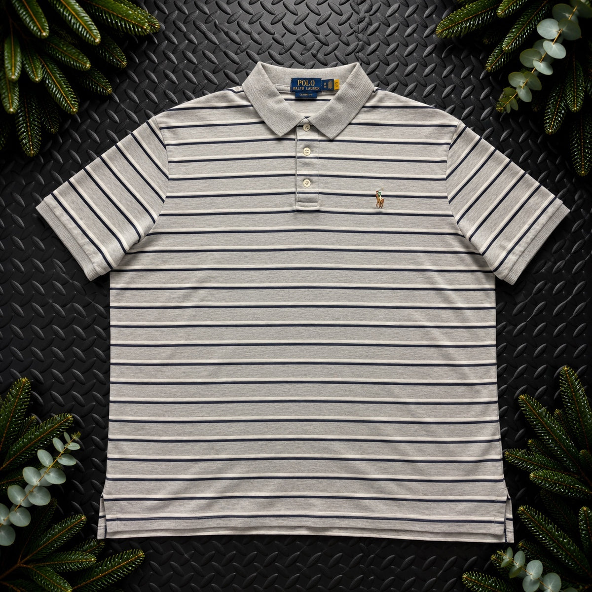 Ralph Lauren Grey Striped Polo Shirt | Men’s Classic Fit XL / 3853