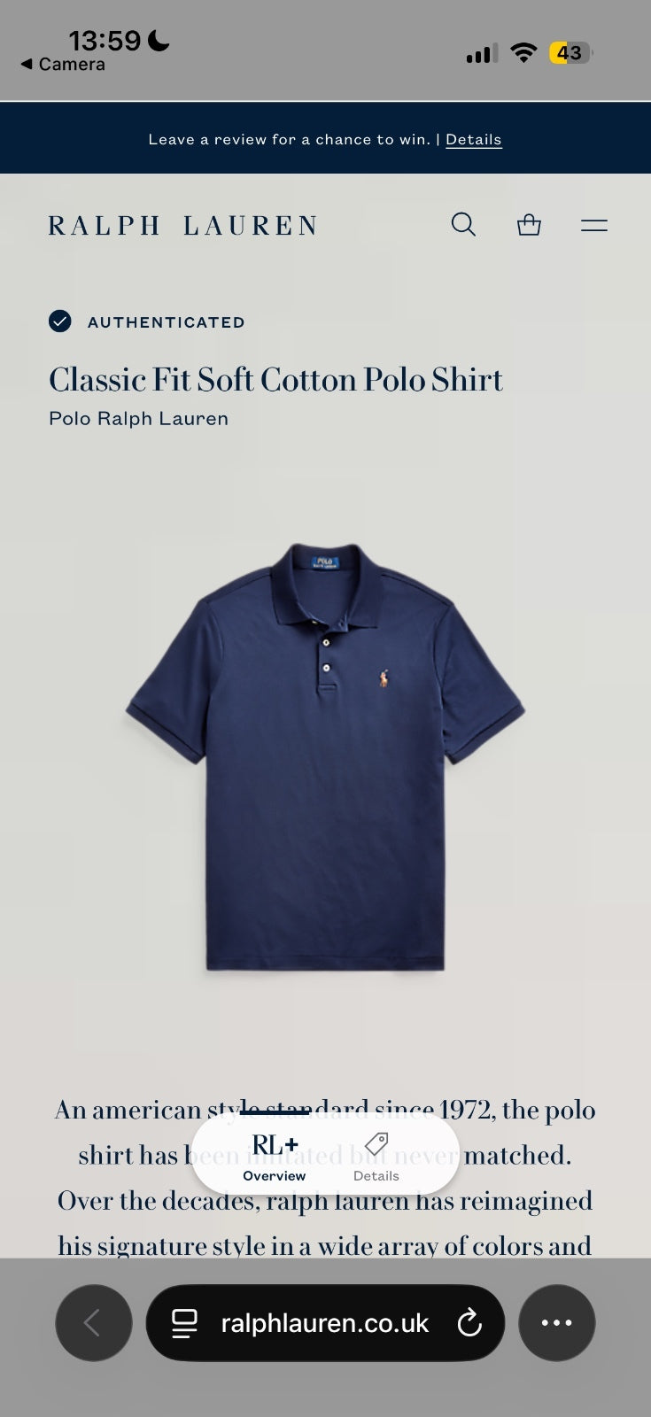 Ralph Lauren Navy Polo Shirt | Men’s Classic Fit L / 3848