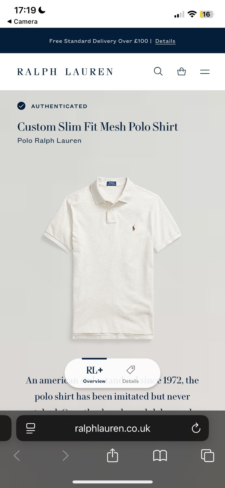 Ralph Lauren Cream Polo Shirt | Men’s Custom Slim Fit L / 3418