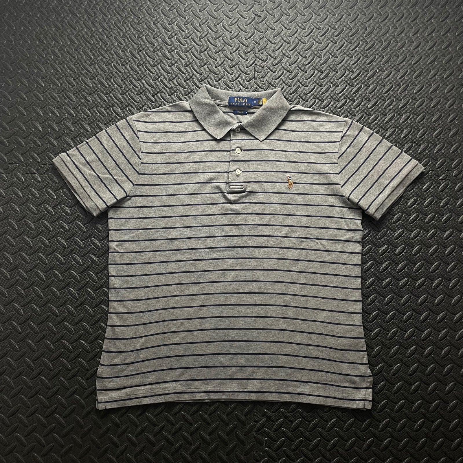 Ralph Lauren Grey Striped Polo Shirt | Men’s Slim Fit M / 3430