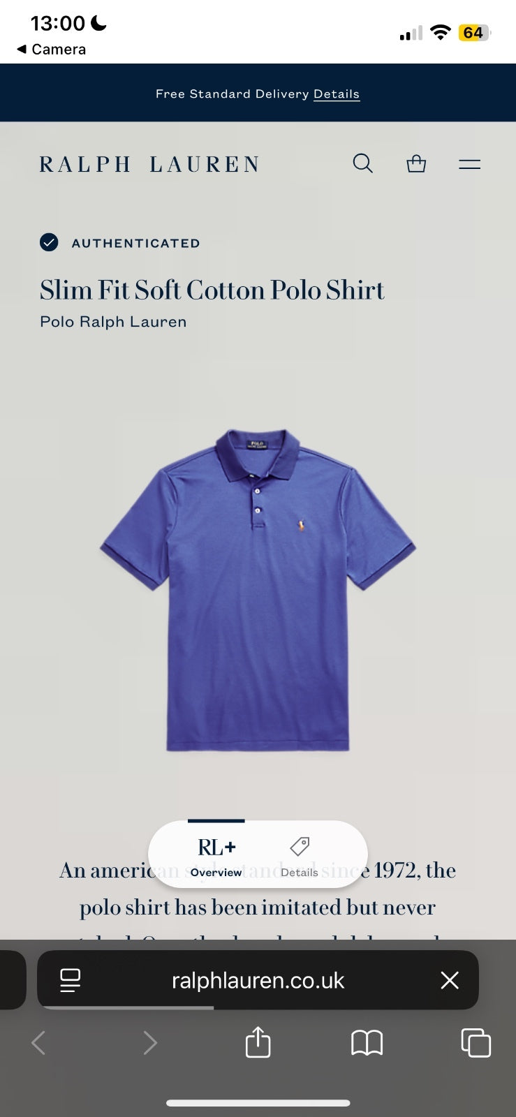 Ralph Lauren Blue Polo Shirt | Men’s Slim Fit L / 3694