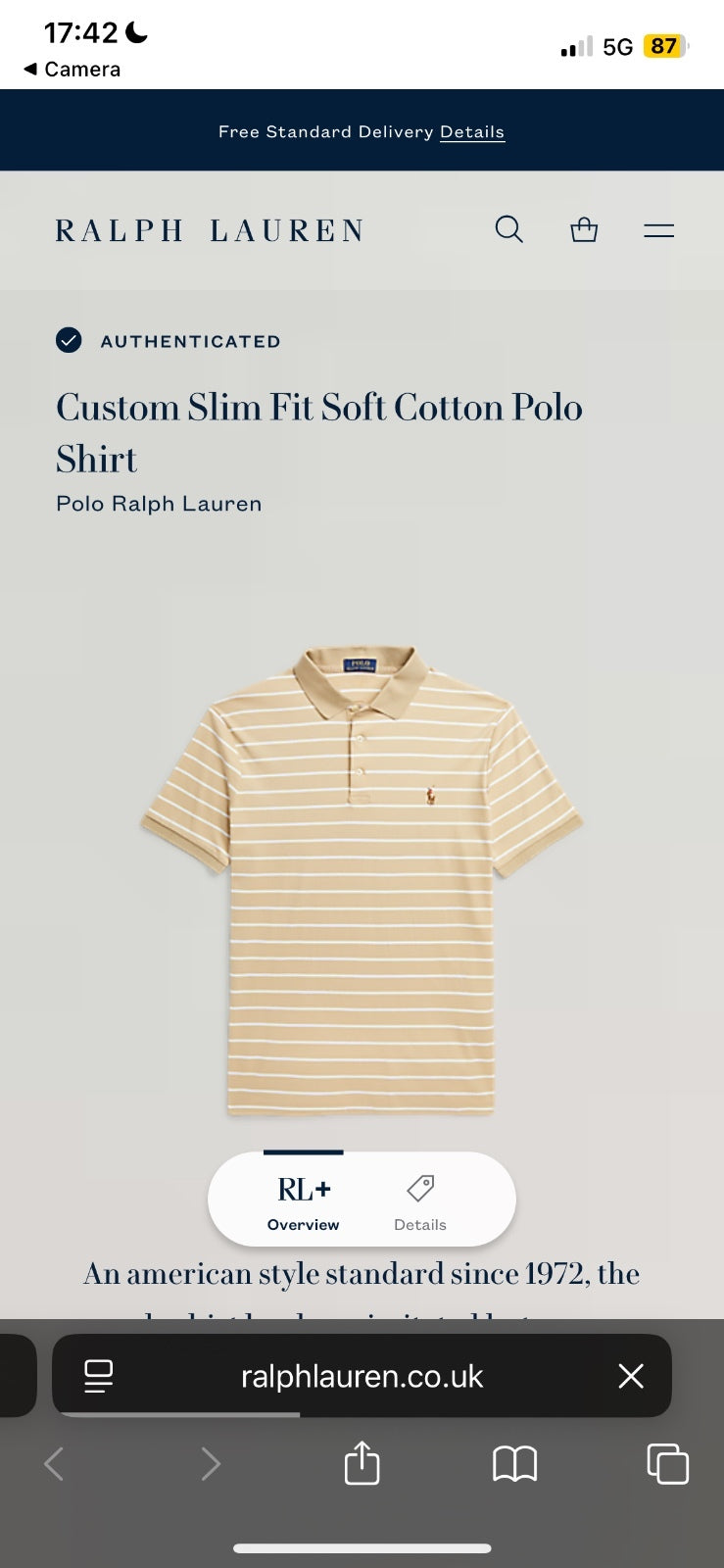 Ralph Lauren Beige Striped Polo Shirt | Men’s Custom Slim Fit S / 3651