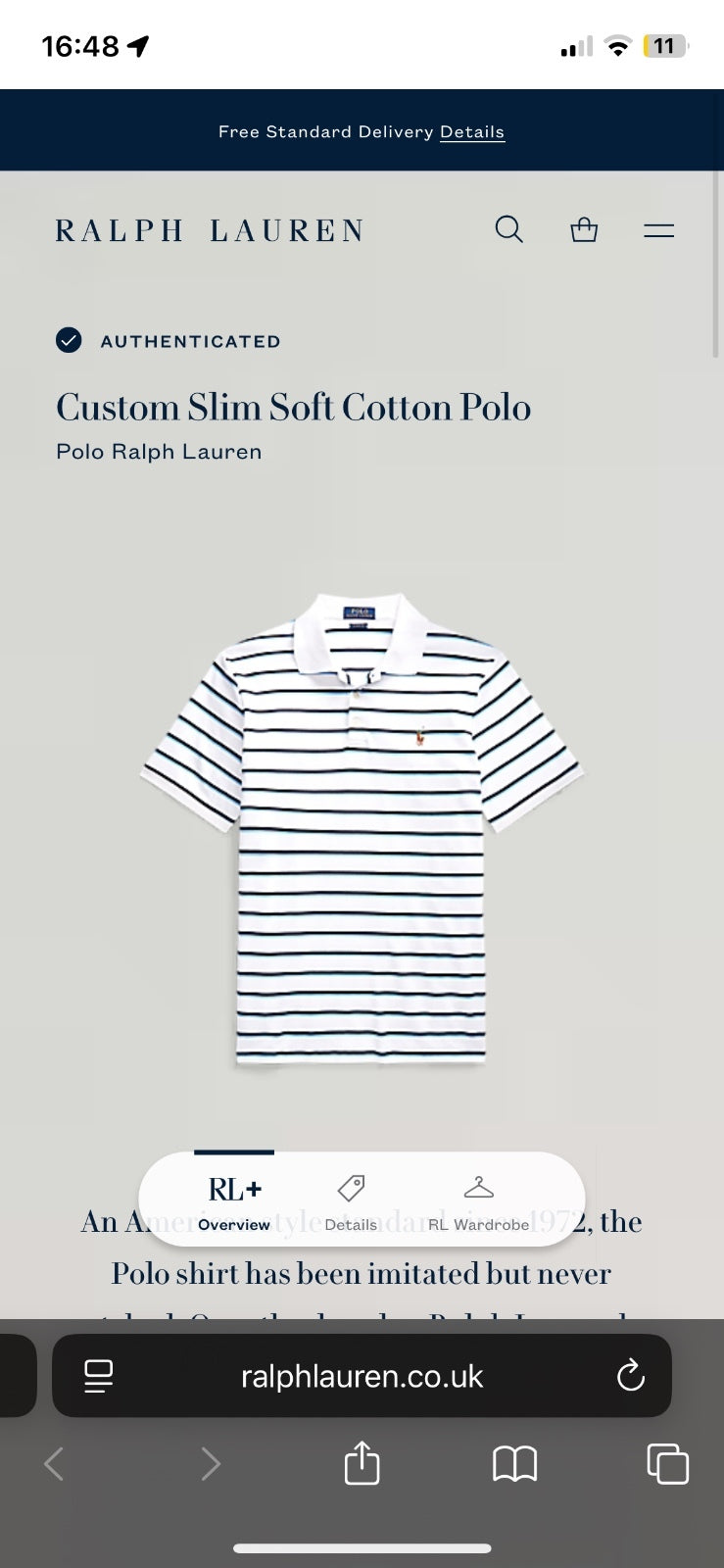 Ralph Lauren White Striped Polo Shirt | Men’s Custom Slim Fit L / 3759