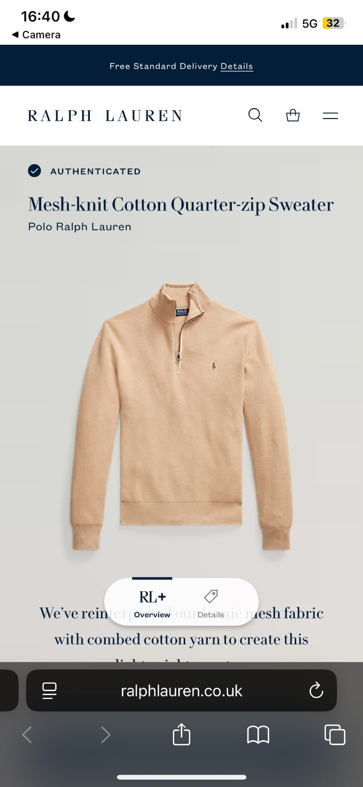 Ralph Lauren Beige 1/4 Zip Jumper | Men’s Classic Fit M / 3727