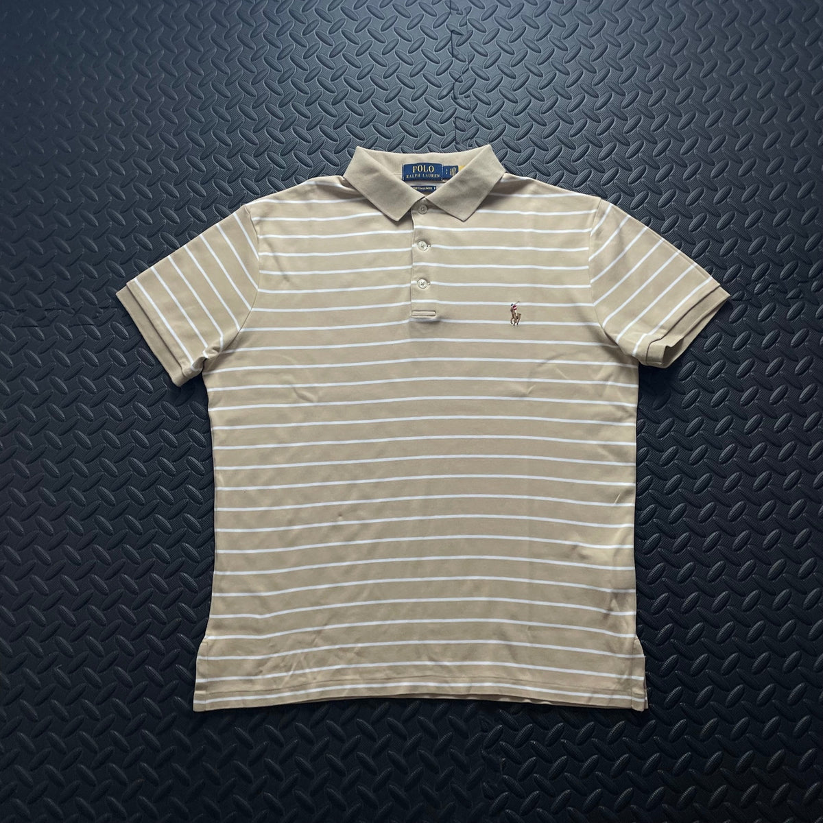 Ralph Lauren Beige Striped Polo Shirt | Men’s Custom Slim Fit S / 3651