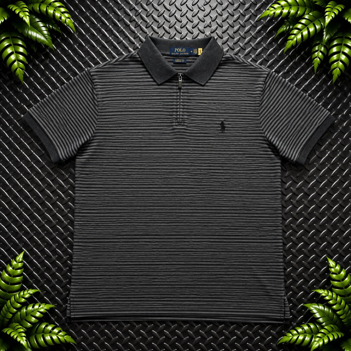 Ralph Lauren Grey Striped 1/4 Zip Polo Shirt | Men’s Custom Slim Fit M / 3698