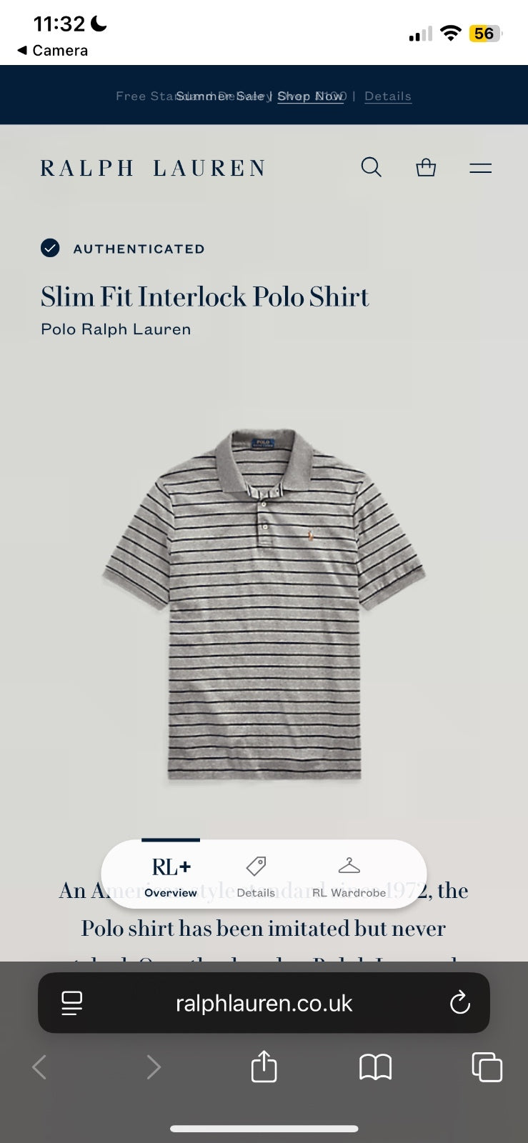 Ralph Lauren Grey Striped Polo Shirt | Men’s Slim Fit M / 3430