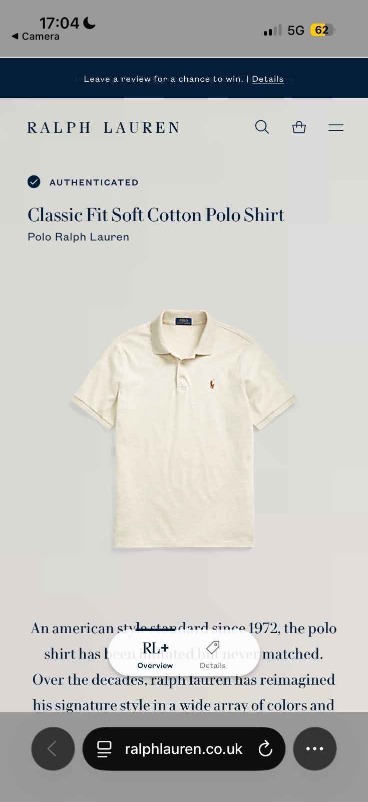 Ralph Lauren Cream Polo Shirt | Men’s Classic Fit L / 3857
